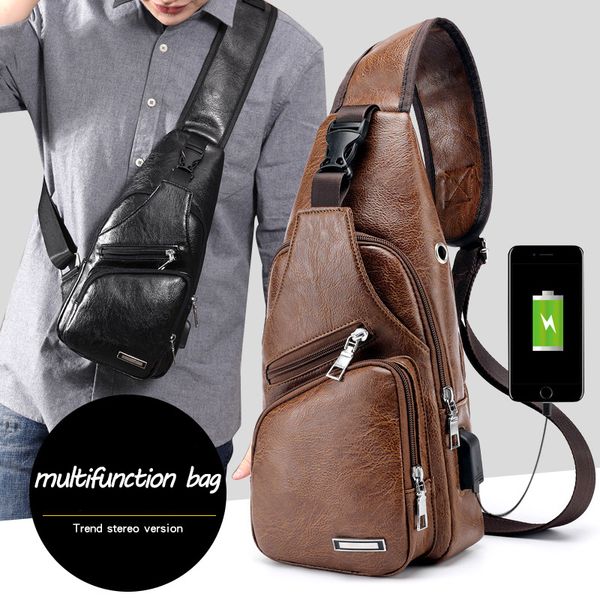 new arrival casual men chest pack pu leather usb charging crossbody bags for men shoulder handbag travel cross body bag male